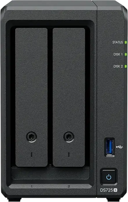 Synology DS725+ NAS DiskStation cu 2 bay-uri, AMD Ryzen R1600 2-Core 3.1GHz, 4GB RAM DDR4 ECC, 2 sloturi M.2 NVMe, Port 2.5GbE, Negru