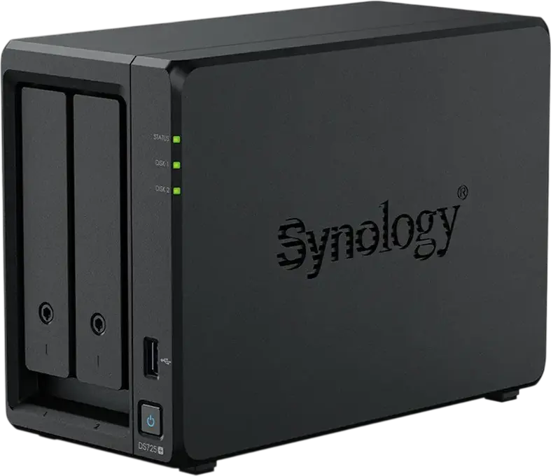 Synology DS725+ NAS DiskStation cu 2 bay-uri, AMD Ryzen R1600 2-Core 3.1GHz, 4GB RAM DDR4 ECC, 2 sloturi M.2 NVMe, Port 2.5GbE, Negru