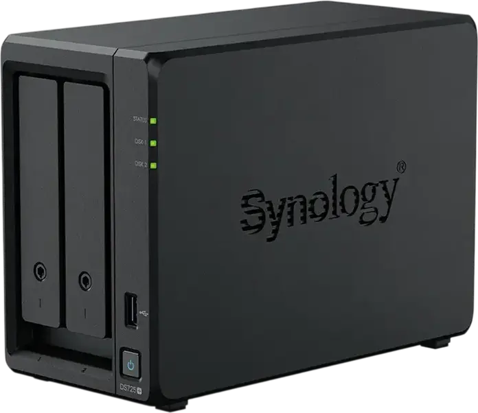 Synology DS725+ NAS DiskStation cu 2 bay-uri, AMD Ryzen R1600 2-Core 3.1GHz, 4GB RAM DDR4 ECC, 2 sloturi M.2 NVMe, Port 2.5GbE, Negru