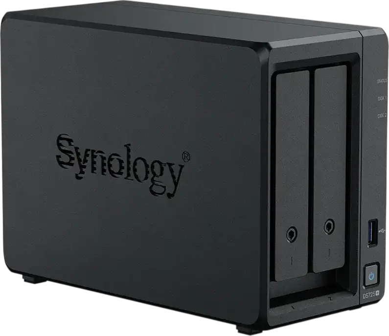 Synology DS725+ NAS DiskStation cu 2 bay-uri, AMD Ryzen R1600 2-Core 3.1GHz, 4GB RAM DDR4 ECC, 2 sloturi M.2 NVMe, Port 2.5GbE, Negru