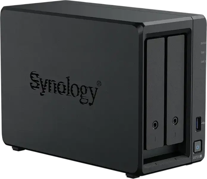 Synology DS725+ NAS DiskStation cu 2 bay-uri, AMD Ryzen R1600 2-Core 3.1GHz, 4GB RAM DDR4 ECC, 2 sloturi M.2 NVMe, Port 2.5GbE, Negru