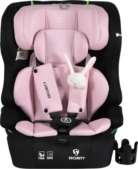 Moni Security Car Seat Group 1/2/3, Isofix, 9-36 kg, 76-150 cm, I-Size Certified, 5-Point Harness, with Bunny Plush Toy, Pillow and Cup Holder