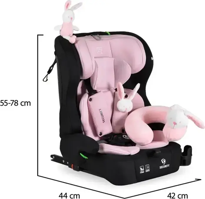 Moni Security Car Seat Group 1/2/3, Isofix, 9-36 kg, 76-150 cm, I-Size Certified, 5-Point Harness, with Bunny Plush Toy, Pillow and Cup Holder