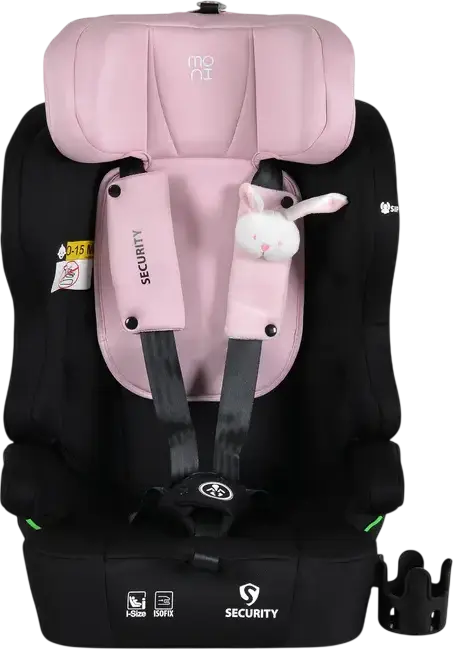 Moni Security Car Seat Group 1/2/3, Isofix, 9-36 kg, 76-150 cm, I-Size Certified, 5-Point Harness, with Bunny Plush Toy, Pillow and Cup Holder