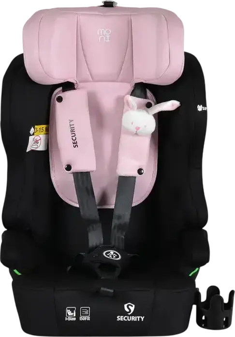 Moni Security Car Seat Group 1/2/3, Isofix, 9-36 kg, 76-150 cm, I-Size Certified, 5-Point Harness, with Bunny Plush Toy, Pillow and Cup Holder