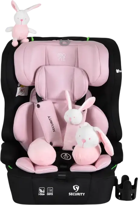 Moni Security Car Seat Group 1/2/3, Isofix, 9-36 kg, 76-150 cm, I-Size Certified, 5-Point Harness, with Bunny Plush Toy, Pillow and Cup Holder