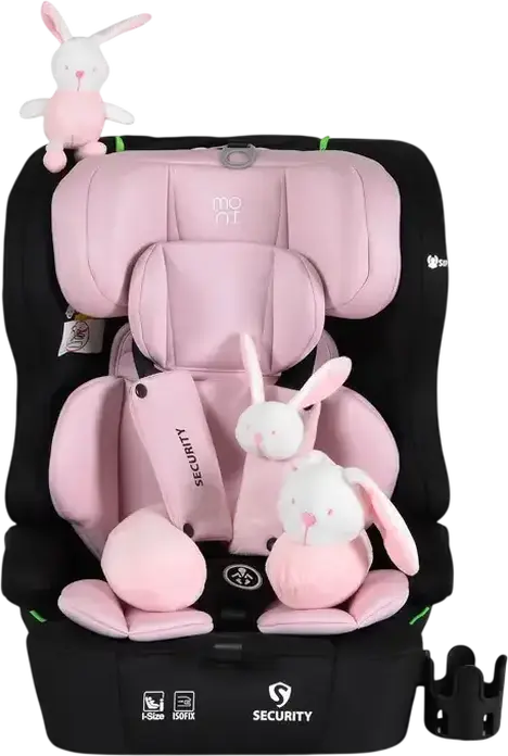 Moni Security Car Seat Group 1/2/3, Isofix, 9-36 kg, 76-150 cm, I-Size Certified, 5-Point Harness, with Bunny Plush Toy, Pillow and Cup Holder