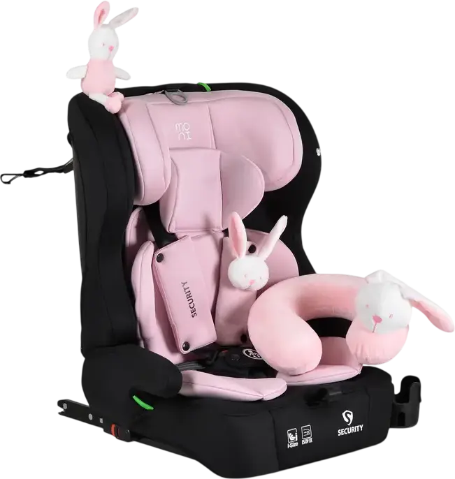 Moni Security Car Seat Group 1/2/3, Isofix, 9-36 kg, 76-150 cm, I-Size Certified, 5-Point Harness, with Bunny Plush Toy, Pillow and Cup Holder