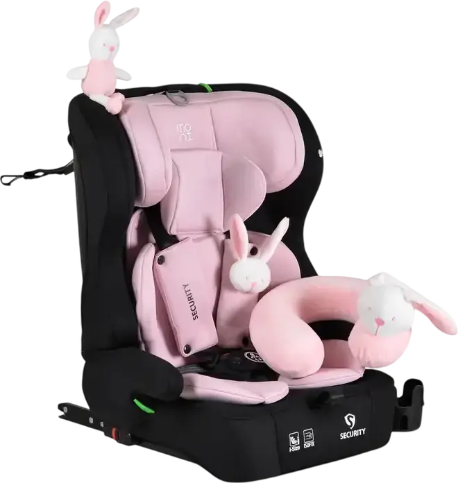 Moni Security Car Seat Group 1/2/3, Isofix, 9-36 kg, 76-150 cm, I-Size Certified, 5-Point Harness, with Bunny Plush Toy, Pillow and Cup Holder