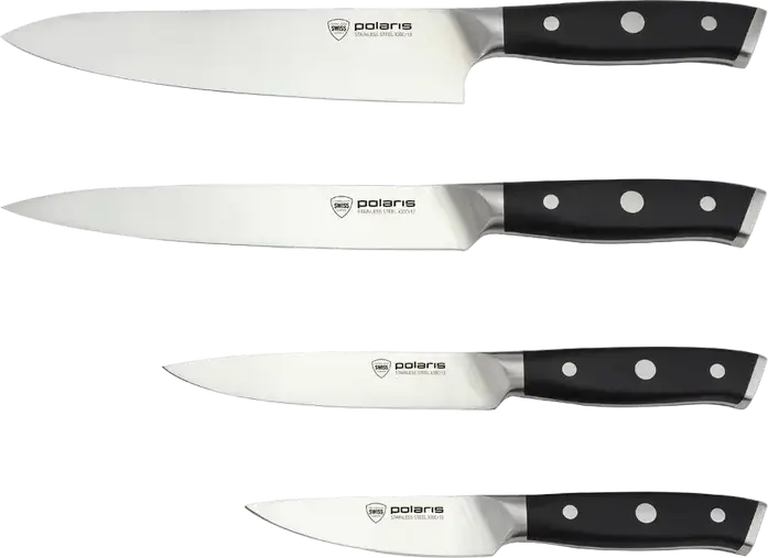 Polaris Master-5SS Stainless Steel Knife Set of 4 with Wooden Storage Block, Black ABS Plastic Handles, Chef Slicing Utility and Paring Knives