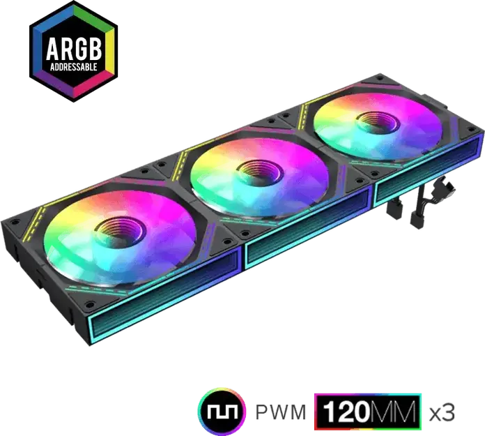 Kit Ventilator Geamana Gamemax FN12A-S3I ARGB, Negru, 120mm PWM cu Rulment Hidraulic, 800-1600 RPM, 49.54 CFM, Infinity Mirror, 3 bucati, Compatibil Aura Sync