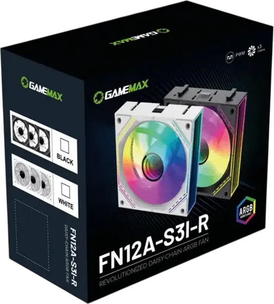 Kit Ventilator Geamana Gamemax FN12A-S3I ARGB, Negru, 120mm PWM cu Rulment Hidraulic, 800-1600 RPM, 49.54 CFM, Infinity Mirror, 3 bucati, Compatibil Aura Sync