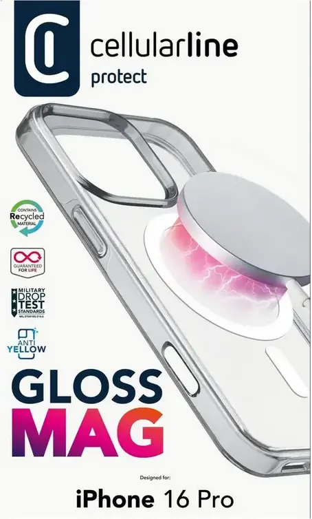 Cellularline Gloss Mag Case for iPhone 16 Pro, Transparent TPU and Polycarbonate, MagSafe Compatible, Anti-bacterial, Military Grade Drop Tested, GLOSSMAGIPH16PROT