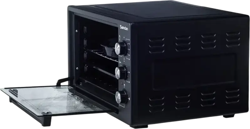Samdan 2033 Mini Electric Oven, 60L Volume, 1600W Power, 300°C Max Temp, Convection Fan, Black, with Baking Tray, Wire Rack and Round Pan