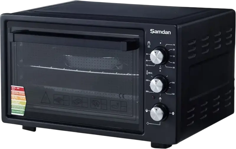 Samdan 2033 Mini Electric Oven, 60L Volume, 1600W Power, 300°C Max Temp, Convection Fan, Black, with Baking Tray, Wire Rack and Round Pan