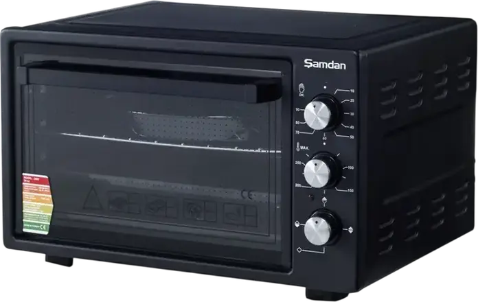 Samdan 2033 Mini Electric Oven, 60L Volume, 1600W Power, 300°C Max Temp, Convection Fan, Black, with Baking Tray, Wire Rack and Round Pan