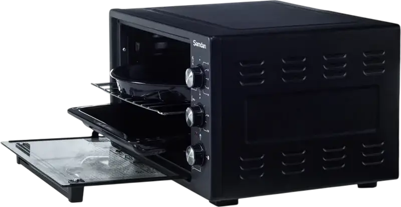 Samdan 2033 Mini Electric Oven, 60L Volume, 1600W Power, 300°C Max Temp, Convection Fan, Black, with Baking Tray, Wire Rack and Round Pan