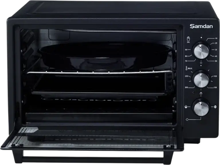 Samdan 2033 Mini Electric Oven, 60L Volume, 1600W Power, 300°C Max Temp, Convection Fan, Black, with Baking Tray, Wire Rack and Round Pan