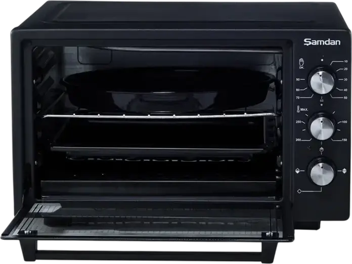 Samdan 2033 Mini Electric Oven, 60L Volume, 1600W Power, 300°C Max Temp, Convection Fan, Black, with Baking Tray, Wire Rack and Round Pan