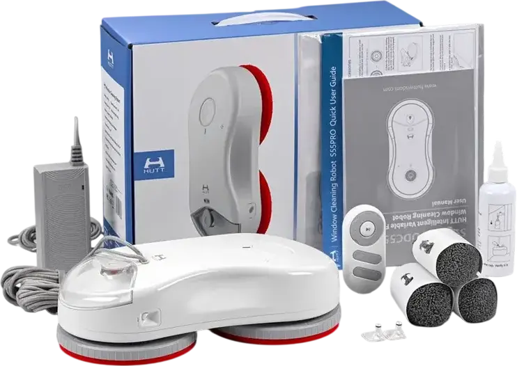 Робот для мытья окон HUTT DDC55 Pro, мощность всасывания 5400Па, интеллектуальное импульсное распыление воды, очистка краев Zero-Distance, ИБП, белый, полный набор аксессуаров