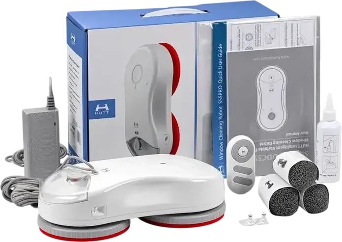 Робот для мытья окон HUTT DDC55 Pro, мощность всасывания 5400Па, интеллектуальное импульсное распыление воды, очистка краев Zero-Distance, ИБП, белый, полный набор аксессуаров