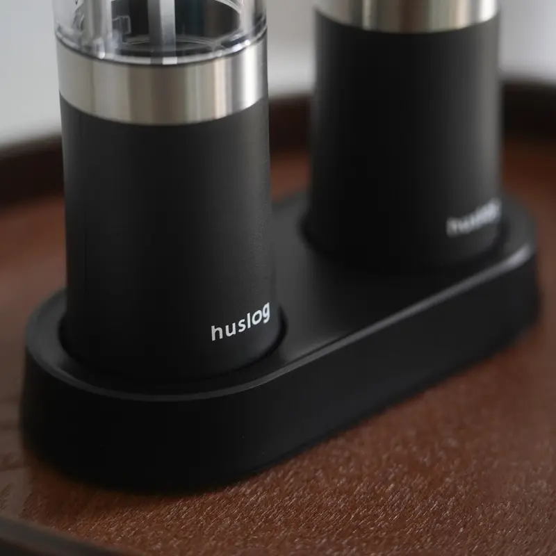 Huslog CGH1000 Electric Salt and Pepper Grinder Set of 3, Rechargeable with Charging Base, Adjustable Grind Size, Black Plastic, 370g