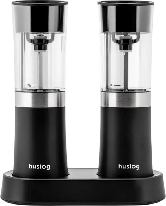 Huslog CGH1000 Electric Salt and Pepper Grinder Set of 3, Rechargeable with Charging Base, Adjustable Grind Size, Black Plastic, 370g