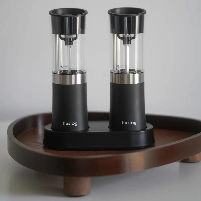 Huslog CGH1000 Electric Salt and Pepper Grinder Set of 3, Rechargeable with Charging Base, Adjustable Grind Size, Black Plastic, 370g