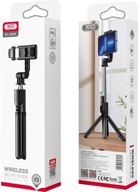 XO SS09 Wireless Selfie Stick Tripod with Bluetooth Remote Control, Adjustable Phone Holder, ABS Plastic and Steel, Black