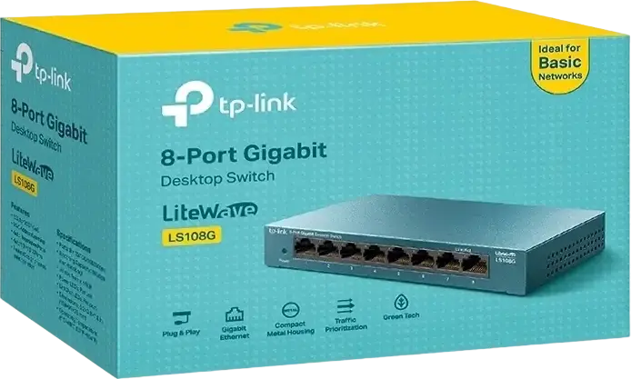 TP-Link LiteWave LS108G 8-Port Gigabit Desktop Switch, 10/100/1000 Mbps RJ45, Plug and Play, Green Ethernet, Steel Housing, Wall-Mountable
