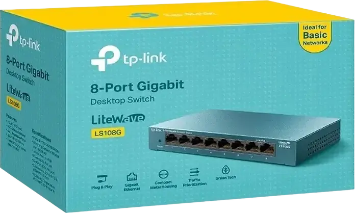 TP-Link LiteWave LS108G 8-Port Gigabit Desktop Switch, 10/100/1000 Mbps RJ45, Plug and Play, Green Ethernet, Steel Housing, Wall-Mountable