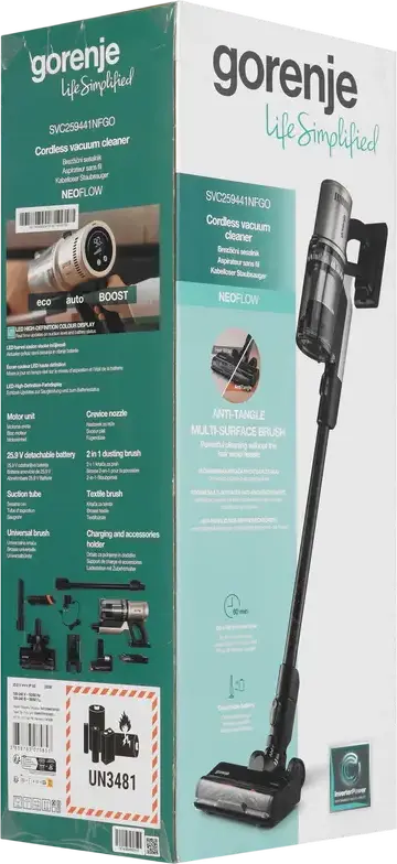 Беспроводной вертикальный пылесос Gorenje SVC259441NFGO, мотор InverterPower BLDC 350Вт, мощность всасывания 33.9кПа, фильтр HEPA 13, работа до 60 мин, черный, с док-станцией
