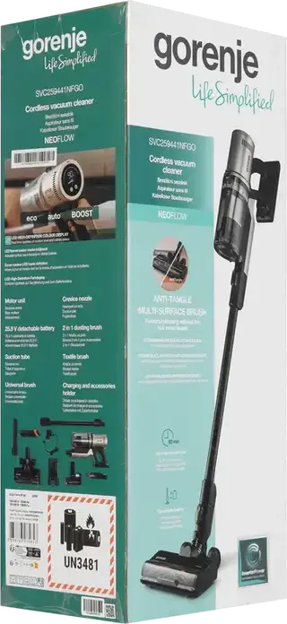 Беспроводной вертикальный пылесос Gorenje SVC259441NFGO, мотор InverterPower BLDC 350Вт, мощность всасывания 33.9кПа, фильтр HEPA 13, работа до 60 мин, черный, с док-станцией