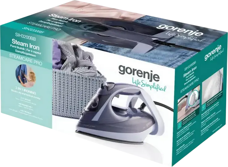 Fier de calcat cu aburi Gorenje SIH3200BB SteamCarePro, 3200W, Talpa Ceramic, Rezervor 350ml, Jet Abur 190g/min, Anti-calc, Oprire Automata, Violet