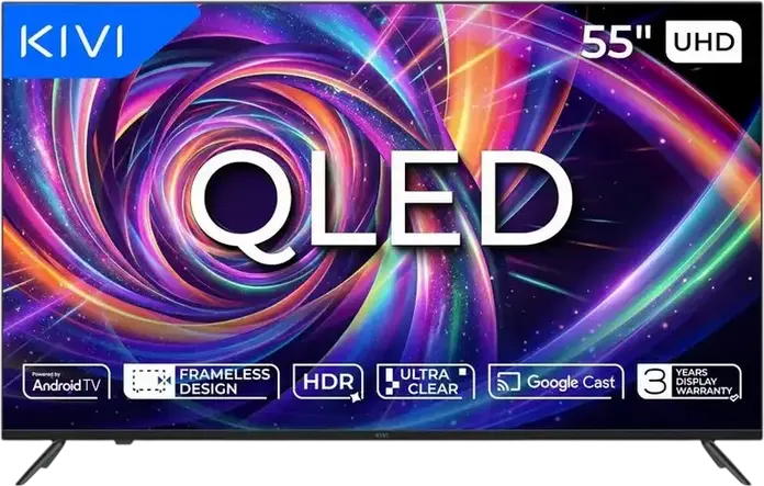Смарт-телевизор KIVI 55U7000MB QLED 55 дюймов, 4K UHD 3840x2160, Android TV, Dolby Audio, HDR, безрамочный дизайн с 3 сторон, Google Assistant, черный