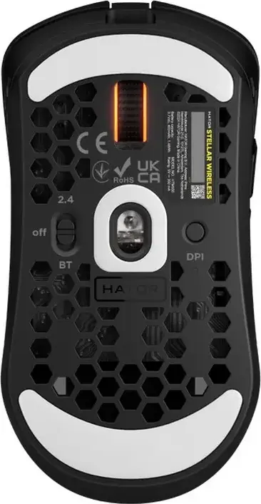 Беспроводная игровая мышь HATOR Stellar HN051, цвет черный, три режима подключения 2.4ГГц/Bluetooth 5.4/провод, оптический сенсор 12000 DPI, 6 кнопок, RGB, 54г