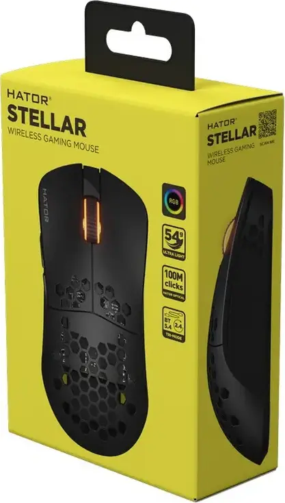 Беспроводная игровая мышь HATOR Stellar HN051, цвет черный, три режима подключения 2.4ГГц/Bluetooth 5.4/провод, оптический сенсор 12000 DPI, 6 кнопок, RGB, 54г