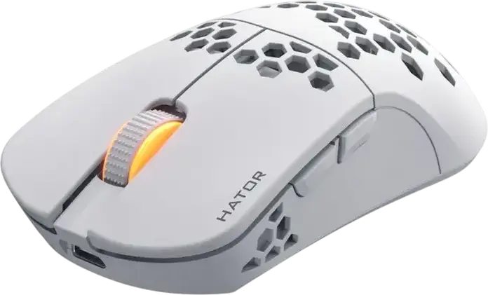 HATOR Stellar HN051 Wireless Gaming Mouse, White, Tri-mode 2.4GHz/Bluetooth 5.4/Wired, 12000 DPI Optical Sensor, 6 Buttons, RGB, Honeycomb Shell, 54g