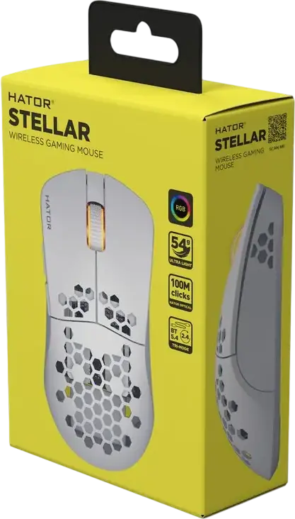 HATOR Stellar HN051 Wireless Gaming Mouse, White, Tri-mode 2.4GHz/Bluetooth 5.4/Wired, 12000 DPI Optical Sensor, 6 Buttons, RGB, Honeycomb Shell, 54g