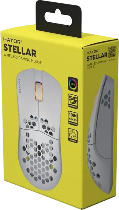 HATOR Stellar HN051 Wireless Gaming Mouse, White, Tri-mode 2.4GHz/Bluetooth 5.4/Wired, 12000 DPI Optical Sensor, 6 Buttons, RGB, Honeycomb Shell, 54g