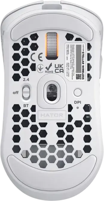 HATOR Stellar HN051 Wireless Gaming Mouse, White, Tri-mode 2.4GHz/Bluetooth 5.4/Wired, 12000 DPI Optical Sensor, 6 Buttons, RGB, Honeycomb Shell, 54g