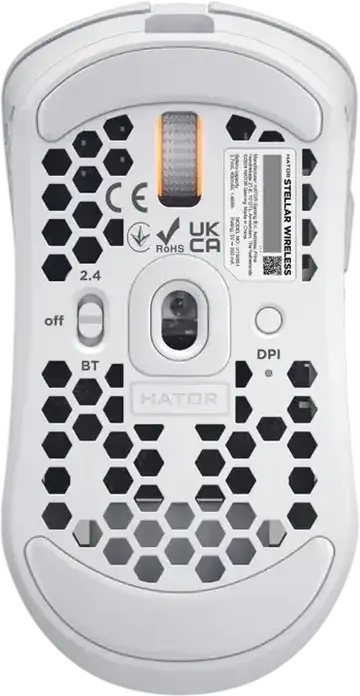 HATOR Stellar HN051 Wireless Gaming Mouse, White, Tri-mode 2.4GHz/Bluetooth 5.4/Wired, 12000 DPI Optical Sensor, 6 Buttons, RGB, Honeycomb Shell, 54g