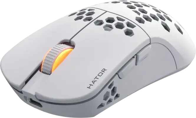 HATOR Stellar HN051 Wireless Gaming Mouse, White, Tri-mode 2.4GHz/Bluetooth 5.4/Wired, 12000 DPI Optical Sensor, 6 Buttons, RGB, Honeycomb Shell, 54g