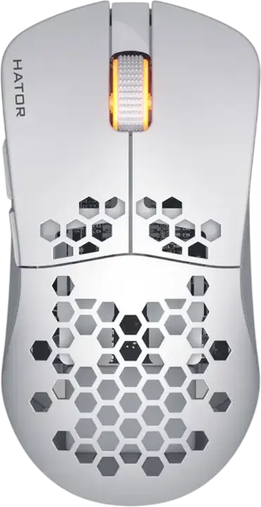 HATOR Stellar HN051 Wireless Gaming Mouse, White, Tri-mode 2.4GHz/Bluetooth 5.4/Wired, 12000 DPI Optical Sensor, 6 Buttons, RGB, Honeycomb Shell, 54g