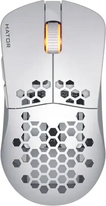 HATOR Stellar HN051 Wireless Gaming Mouse, White, Tri-mode 2.4GHz/Bluetooth 5.4/Wired, 12000 DPI Optical Sensor, 6 Buttons, RGB, Honeycomb Shell, 54g