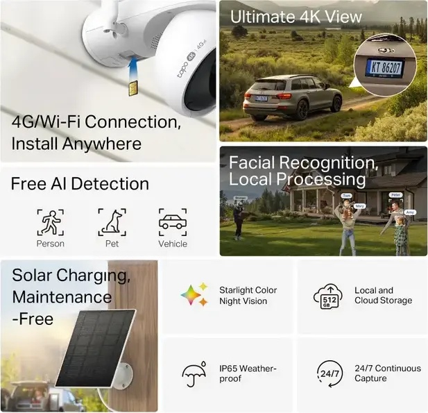 TP-Link Tapo C665G KIT Solar-Powered 4K Security Camera Set of 2 Pieces, Pan/Tilt 360 AI Tracking, 4G LTE & Dual-band Wi-Fi, IP65 Weatherproof, White