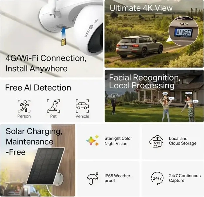 TP-Link Tapo C665G KIT Solar-Powered 4K Security Camera Set of 2 Pieces, Pan/Tilt 360 AI Tracking, 4G LTE & Dual-band Wi-Fi, IP65 Weatherproof, White