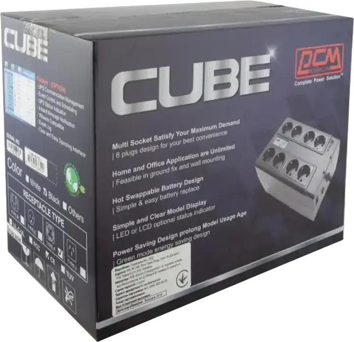 Powercom CUB-850E Offline UPS 850VA 510W, 8 Schuko Outlets, USB, RJ11/RJ45, Green Mode Energy Saving, Tower Form Factor, Black
