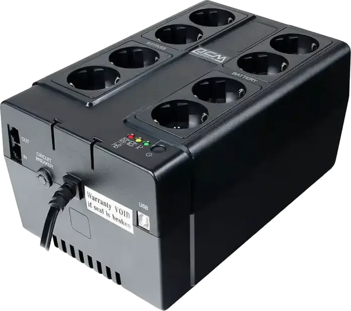 Powercom CUB-850E Offline UPS 850VA 510W, 8 Schuko Outlets, USB, RJ11/RJ45, Green Mode Energy Saving, Tower Form Factor, Black