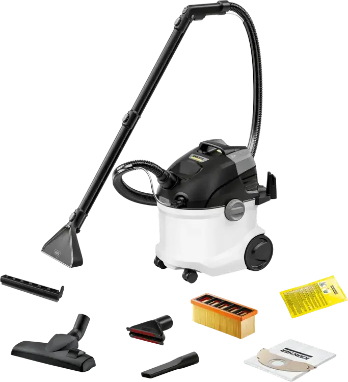 Karcher SE 5 Spray-Extraction Vacuum Cleaner, 1000W Wet and Dry Deep Cleaner for Carpets and Upholstery, Telescopic Pipe, White and Black
